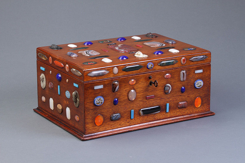 Irish Mahogany Box Inlaid with Carved Lava Stone Cameos Italian Micro Mosaic Roundels Pietra-Dura Butterfly Decorated Panels Numerous Agates Stones and Gems